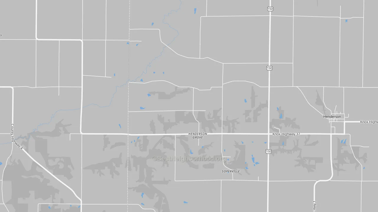 Walk Grade map of Henderson Grove, IL, walkable areas in green and car-dependent areas in red