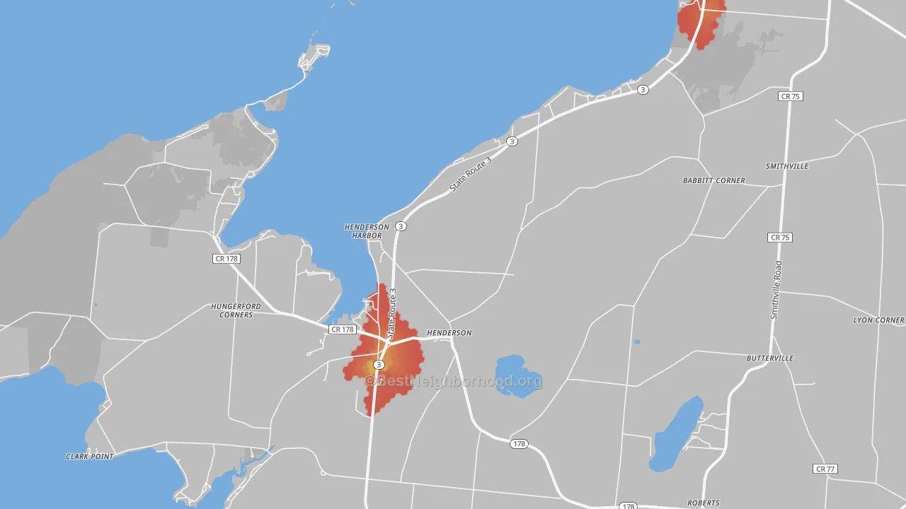 Walk Grade map of Henderson Harbor, NY, walkable areas in green and car-dependent areas in red