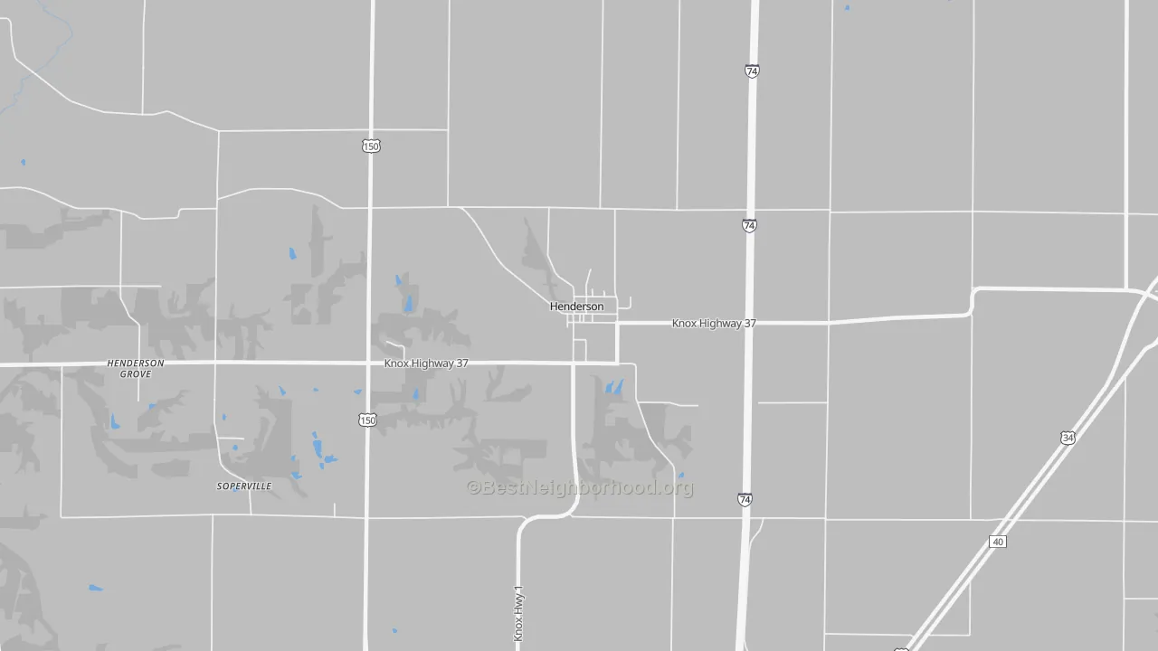 Walk Grade map of Henderson, IL, walkable areas in green and car-dependent areas in red