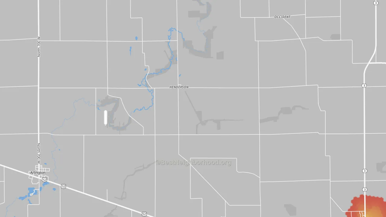 Walk Grade map of Henderson, IN, walkable areas in green and car-dependent areas in red