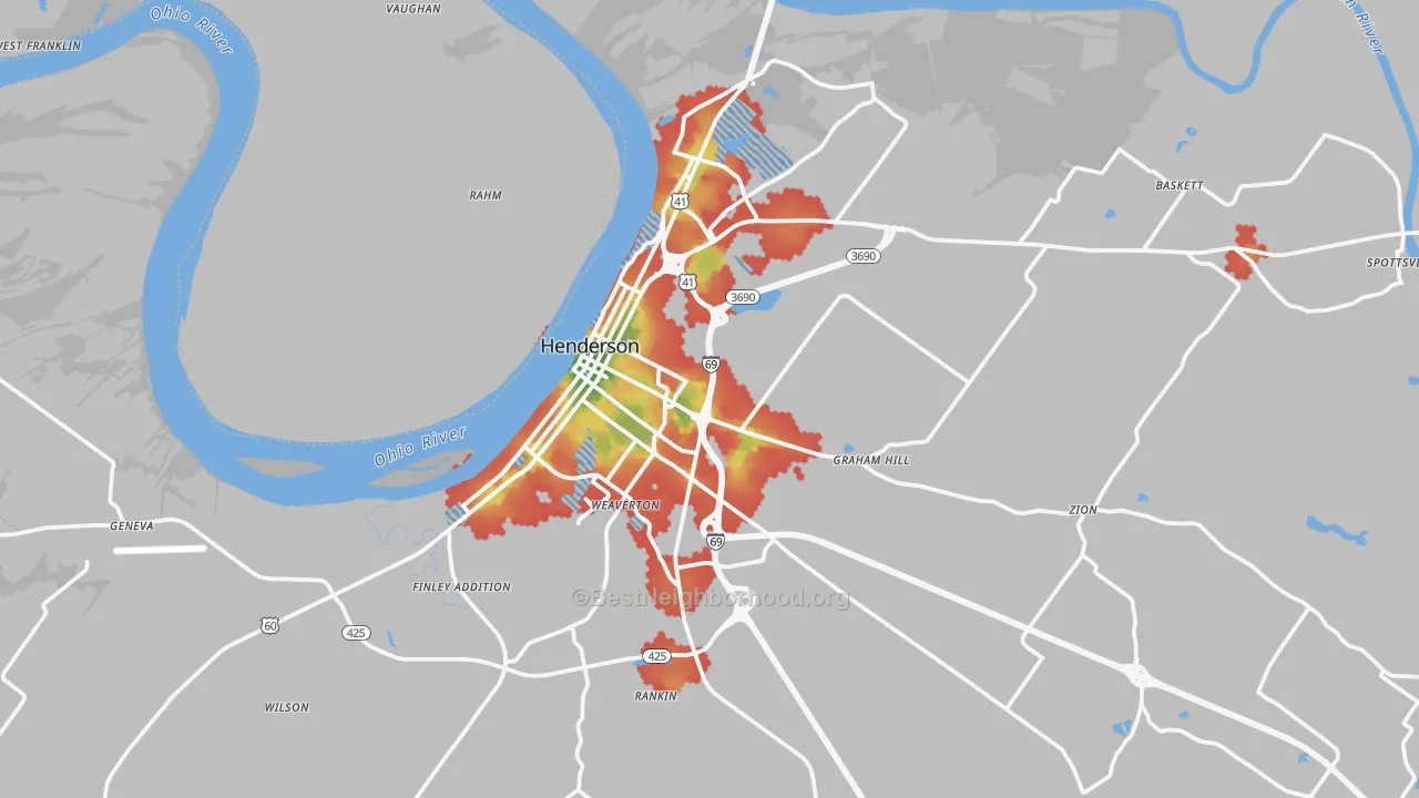 Walk Grade map of Henderson, KY, walkable areas in green and car-dependent areas in red