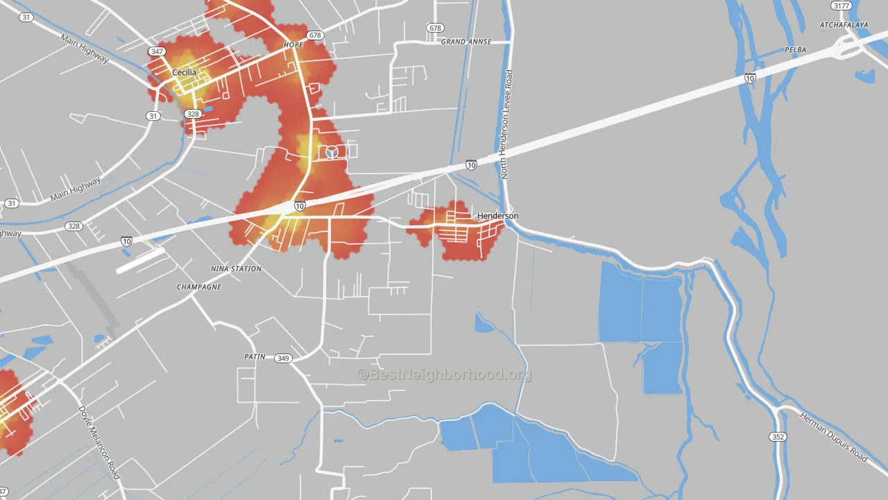Walk Grade map of Henderson, LA, walkable areas in green and car-dependent areas in red