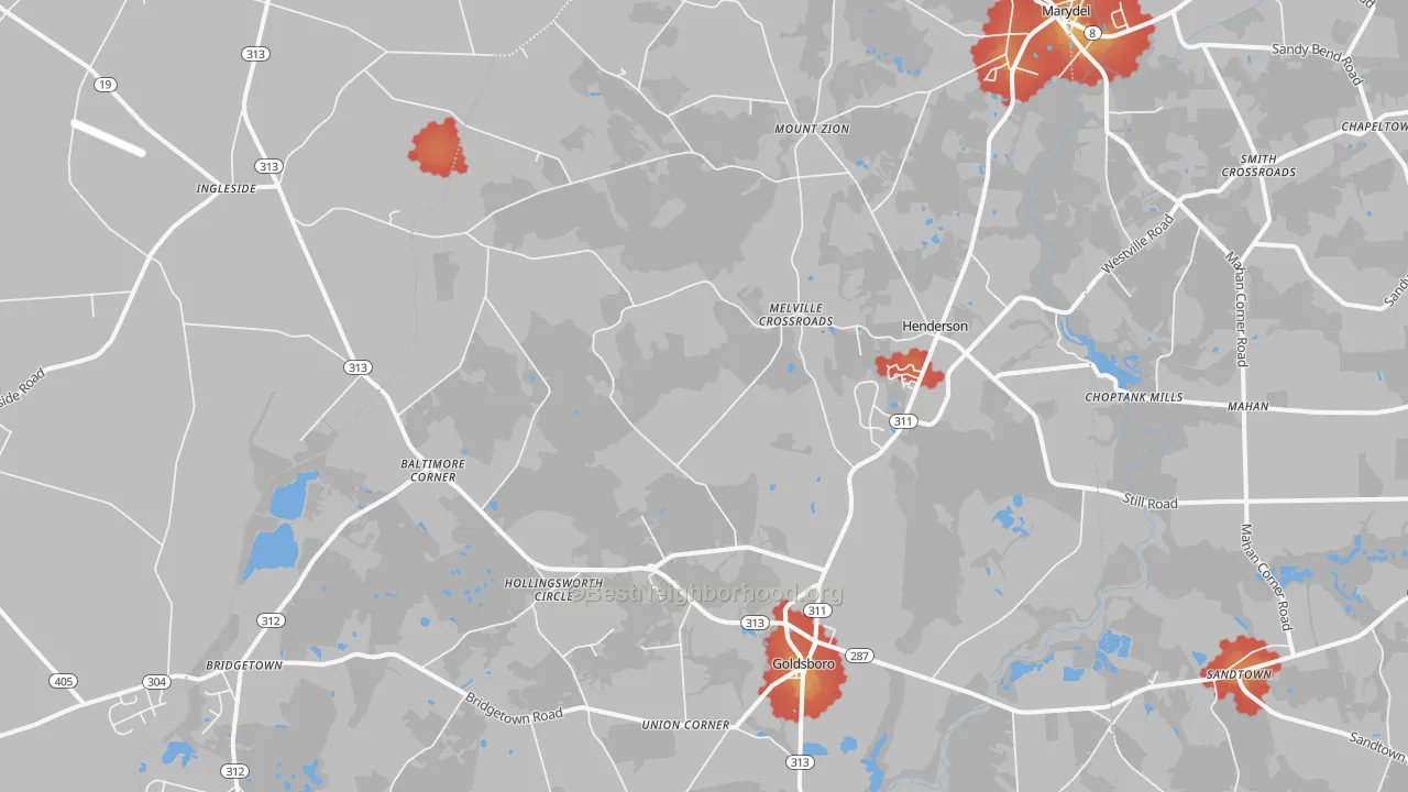 Walk Grade map of Henderson, MD, walkable areas in green and car-dependent areas in red