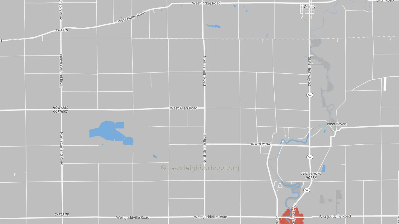 Walk Grade map of Henderson, MI, walkable areas in green and car-dependent areas in red