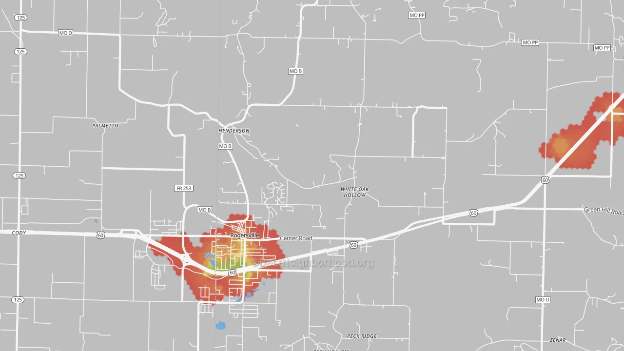 Walk Grade map of Henderson, MO, walkable areas in green and car-dependent areas in red