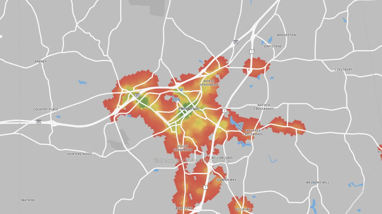 Walk Grade map of Henderson, NC, walkable areas in green and car-dependent areas in red
