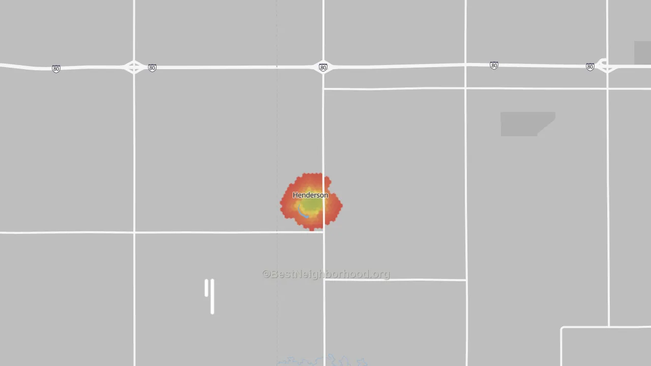 Walk Grade map of Henderson, NE, walkable areas in green and car-dependent areas in red