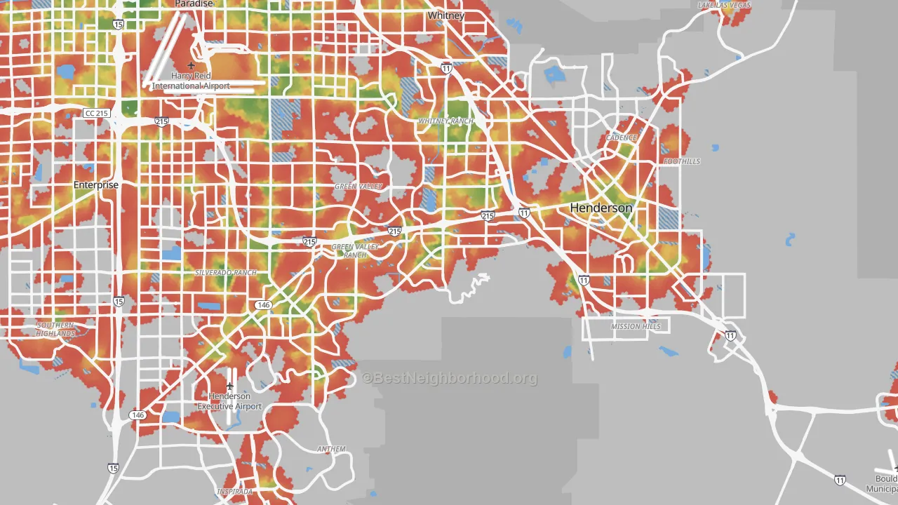 Walk Grade map of Henderson, NV, walkable areas in green and car-dependent areas in red