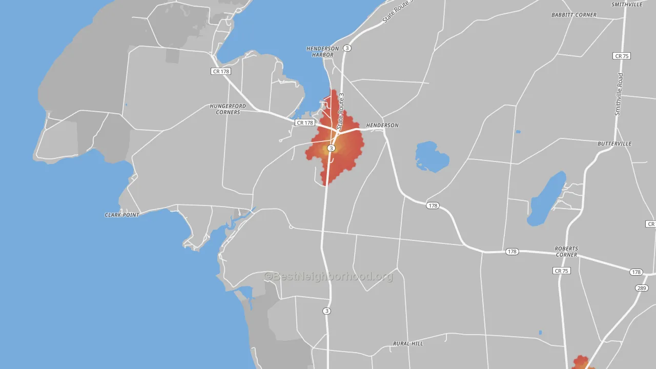 Walk Grade map of Henderson, NY, walkable areas in green and car-dependent areas in red