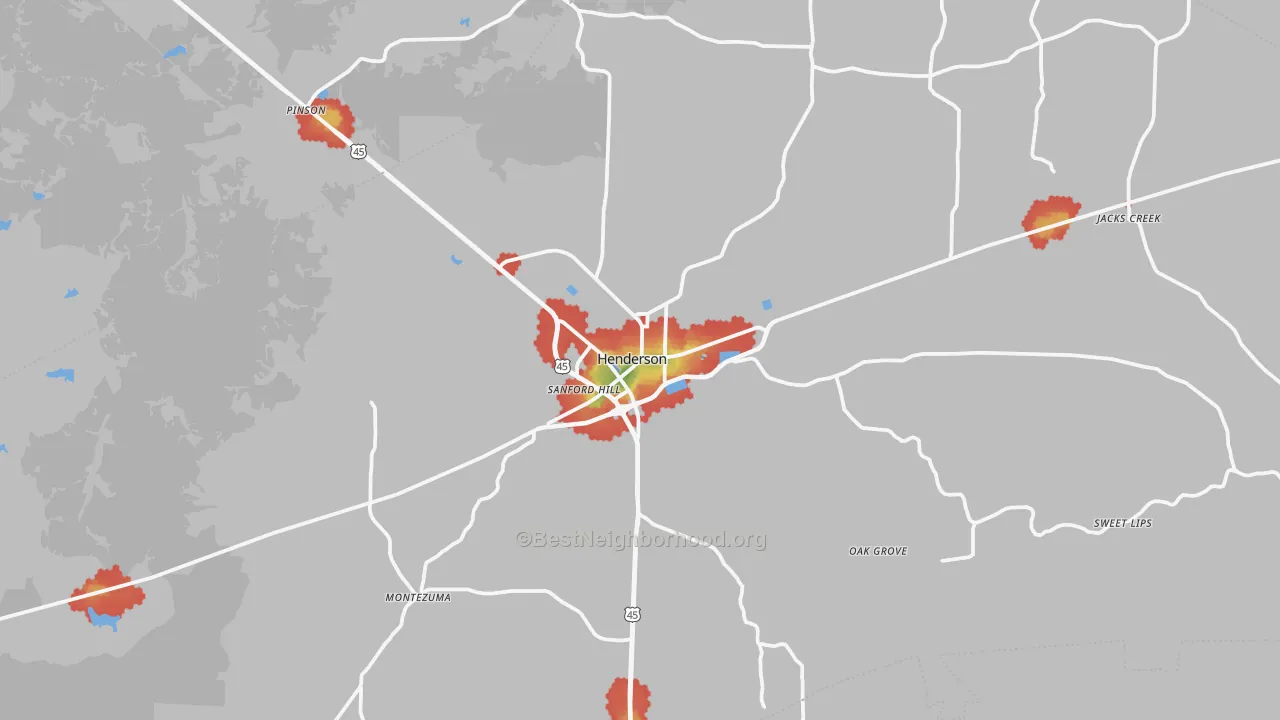 Walk Grade map of Henderson, TN, walkable areas in green and car-dependent areas in red