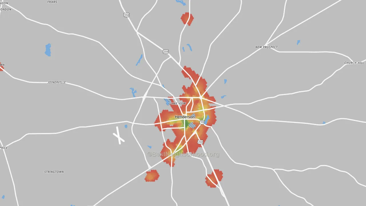 Walk Grade map of Henderson, TX, walkable areas in green and car-dependent areas in red
