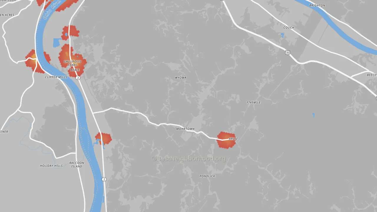 Walk Grade map of Henderson, WV, walkable areas in green and car-dependent areas in red