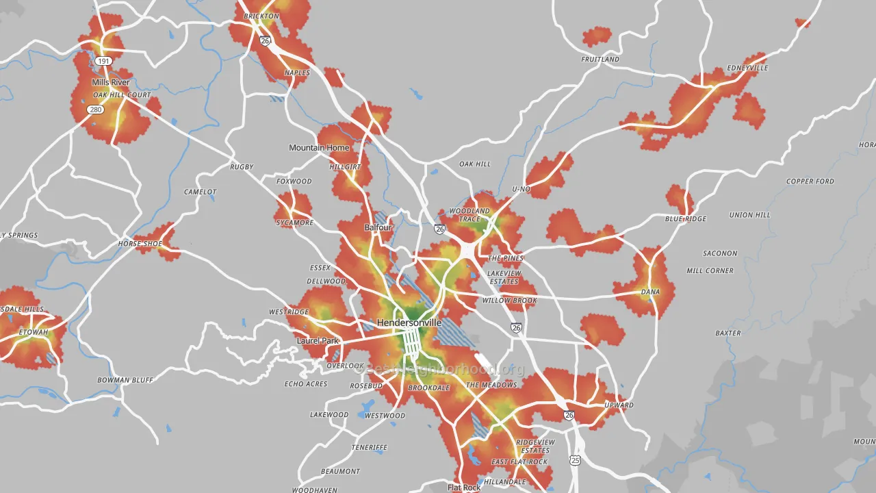 Walk Grade map of Hendersonville, NC, walkable areas in green and car-dependent areas in red