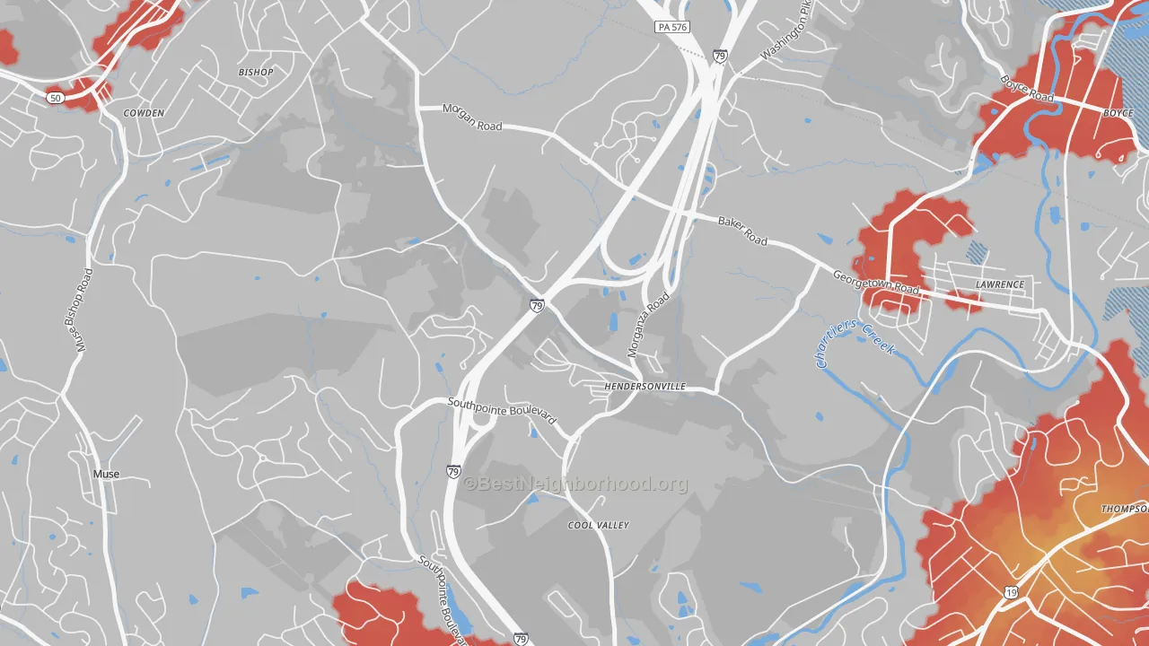 Walk Grade map of Hendersonville, PA, walkable areas in green and car-dependent areas in red