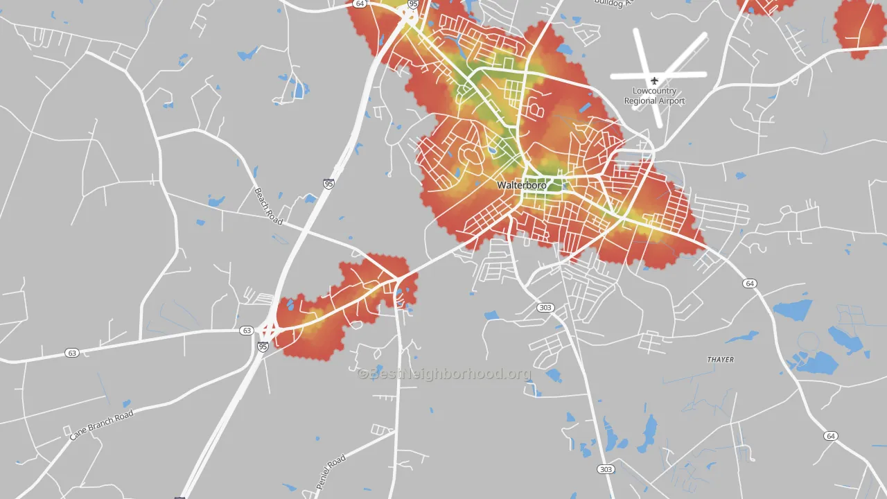 Walk Grade map of Hendersonville, SC, walkable areas in green and car-dependent areas in red