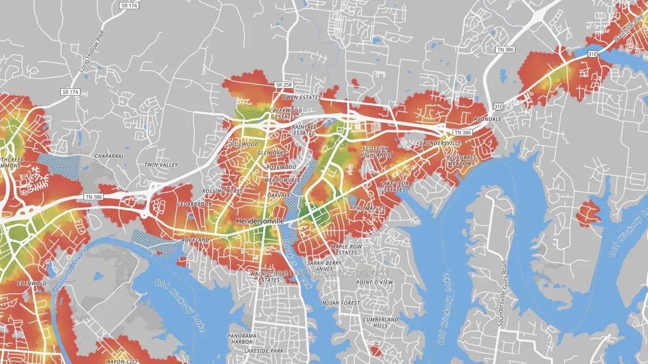 Walk Grade map of Hendersonville, TN, walkable areas in green and car-dependent areas in red
