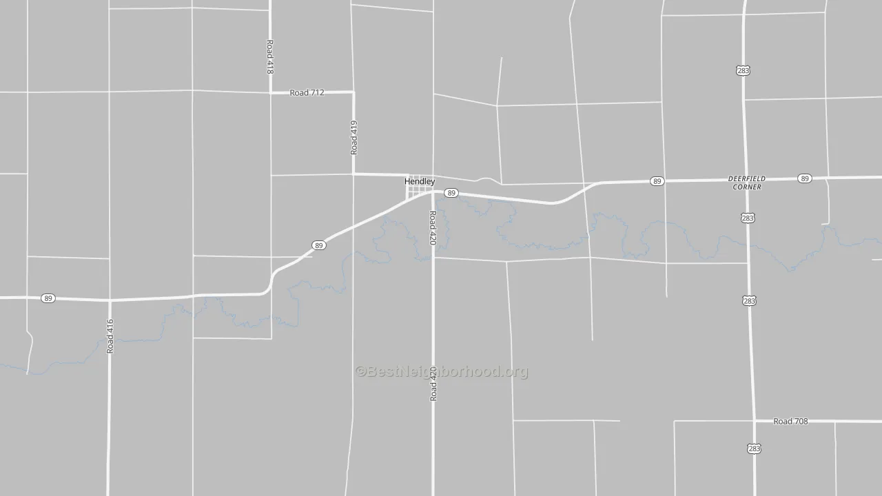 Walk Grade map of Hendley, NE, walkable areas in green and car-dependent areas in red