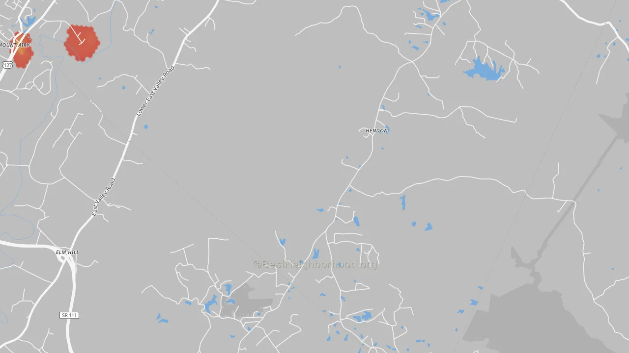 Walk Grade map of Hendon, TN, walkable areas in green and car-dependent areas in red