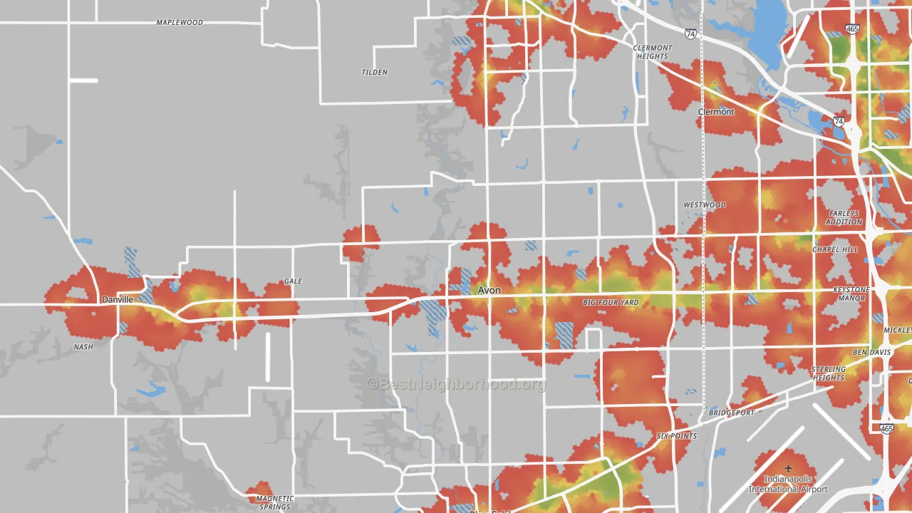 Walk Grade map of Hendricks County, IN, walkable areas in green and car-dependent areas in red