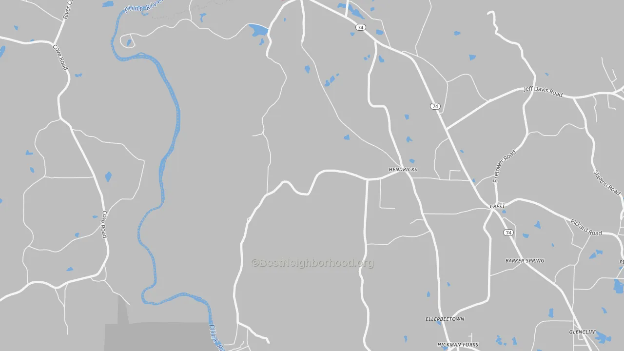 Walk Grade map of Hendricks, GA, walkable areas in green and car-dependent areas in red