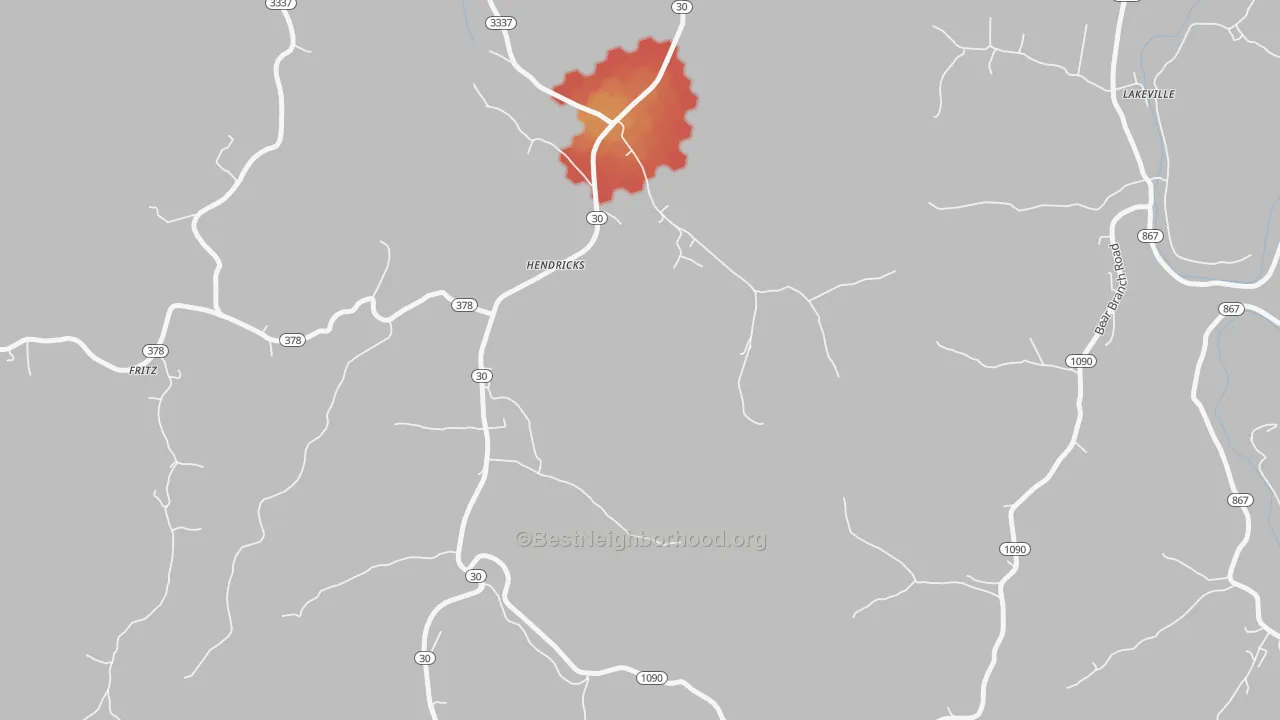 Walk Grade map of Hendricks, KY, walkable areas in green and car-dependent areas in red