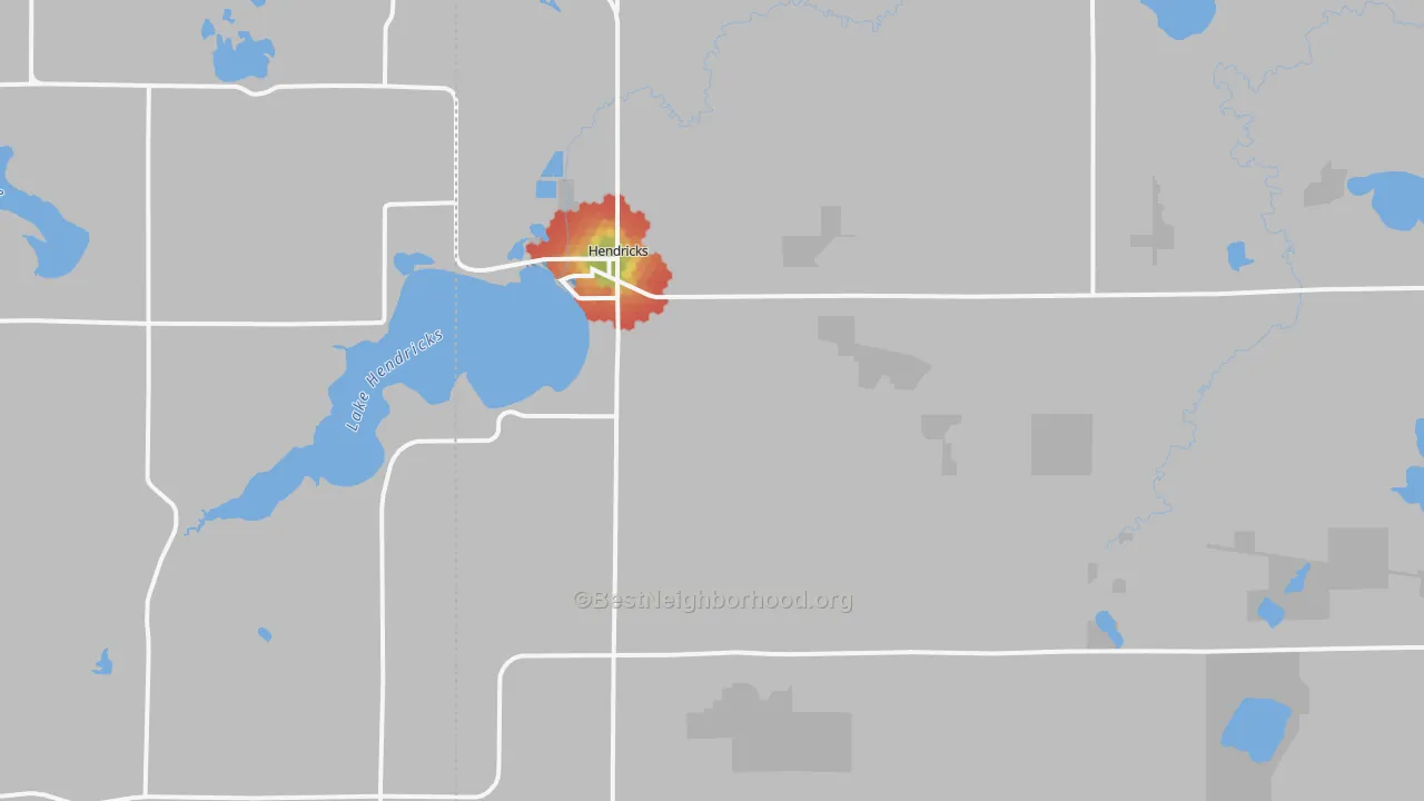 Walk Grade map of Hendricks, MN, walkable areas in green and car-dependent areas in red