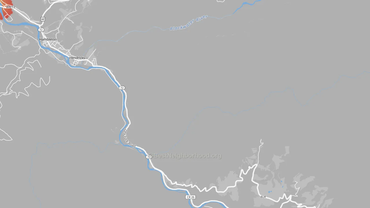 Walk Grade map of Hendricks, WV, walkable areas in green and car-dependent areas in red