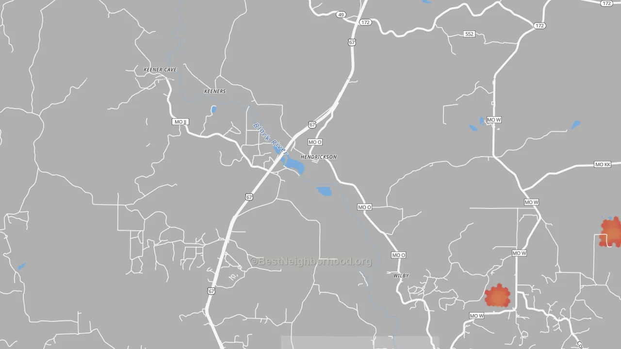 Walk Grade map of Hendrickson, MO, walkable areas in green and car-dependent areas in red