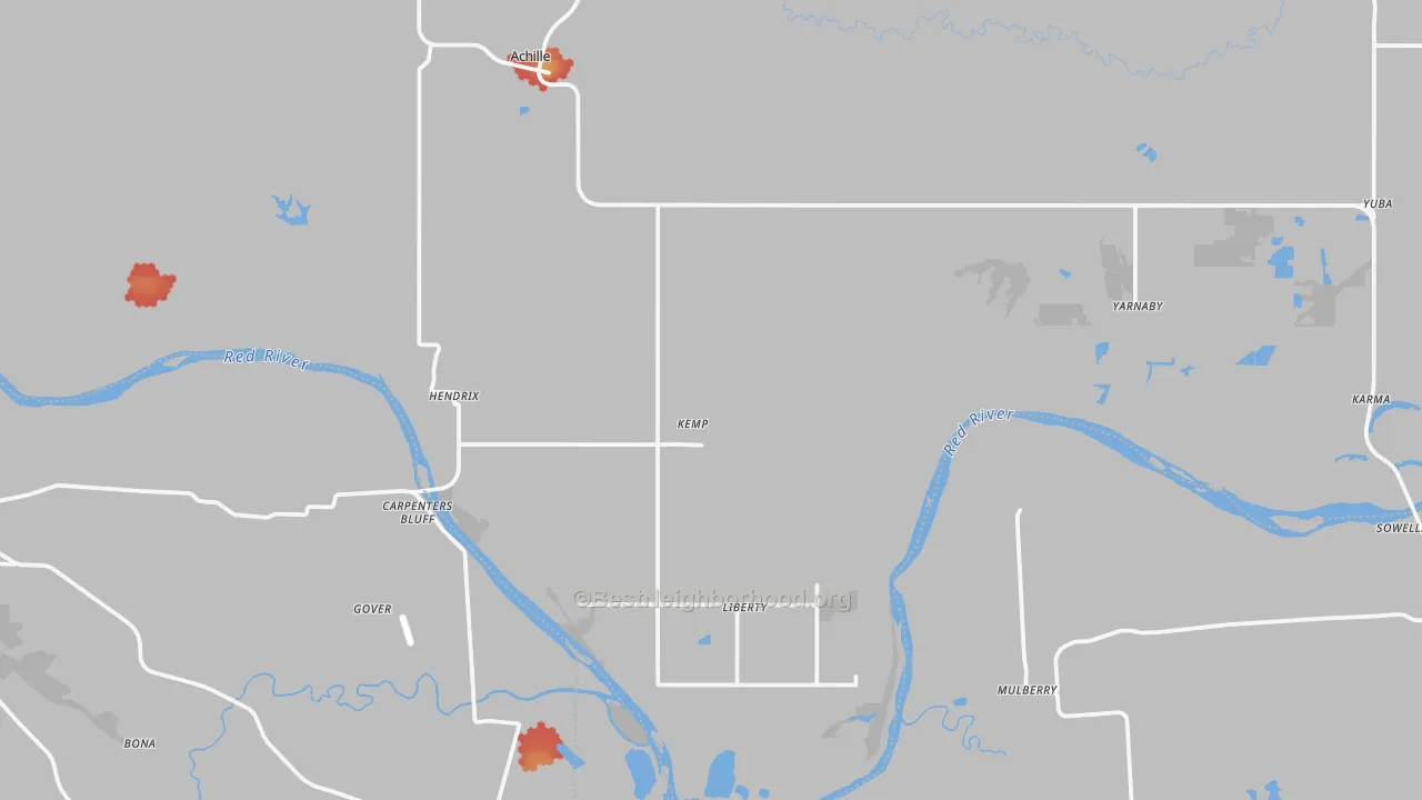 Walk Grade map of Hendrix, OK, walkable areas in green and car-dependent areas in red