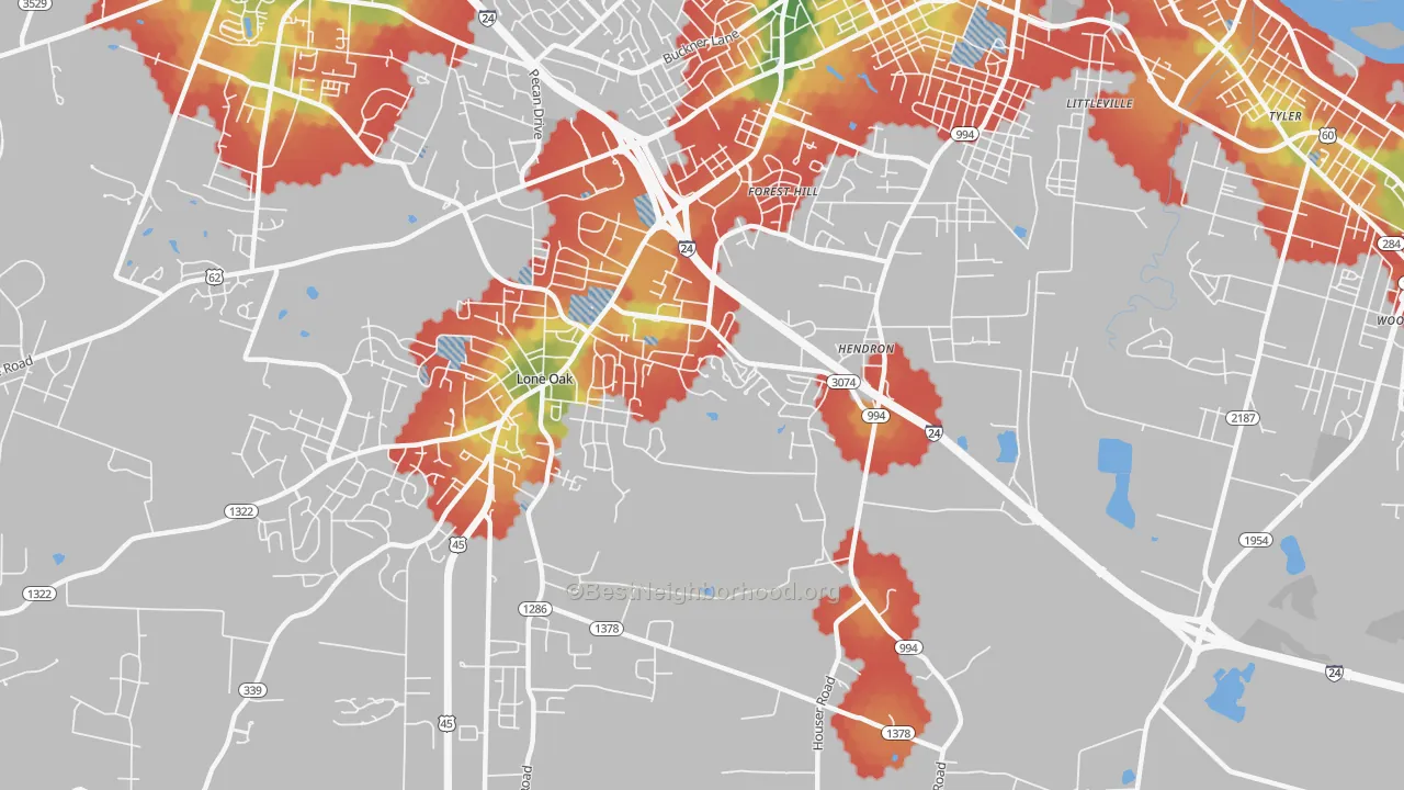 Walk Grade map of Hendron, KY, walkable areas in green and car-dependent areas in red