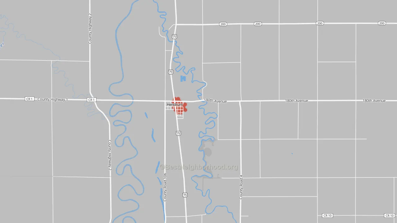 Walk Grade map of Hendrum, MN, walkable areas in green and car-dependent areas in red