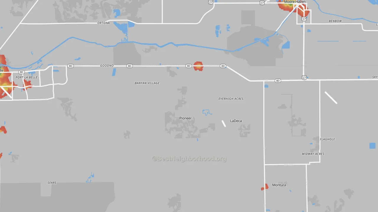 Walk Grade map of Hendry County, FL, walkable areas in green and car-dependent areas in red
