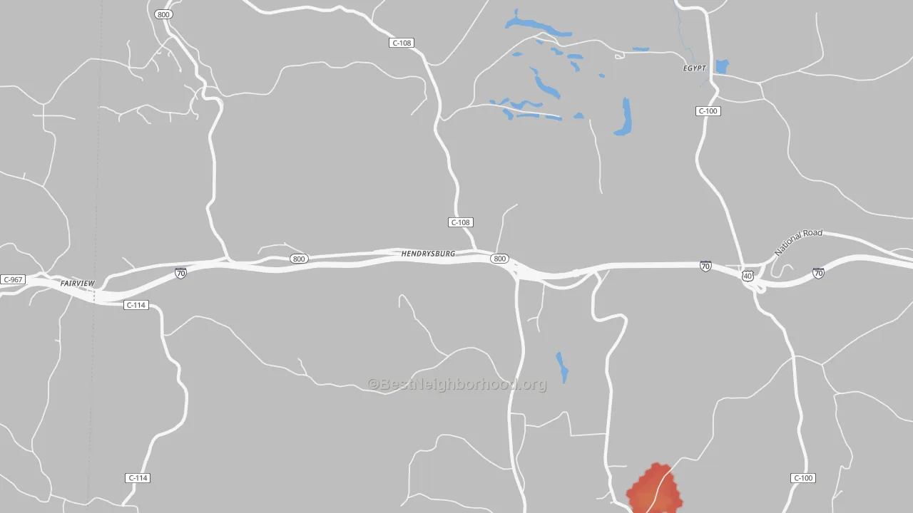 Walk Grade map of Hendrysburg, OH, walkable areas in green and car-dependent areas in red