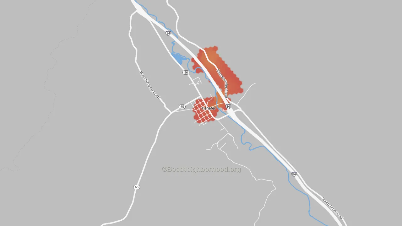 Walk Grade map of Henefer, UT, walkable areas in green and car-dependent areas in red