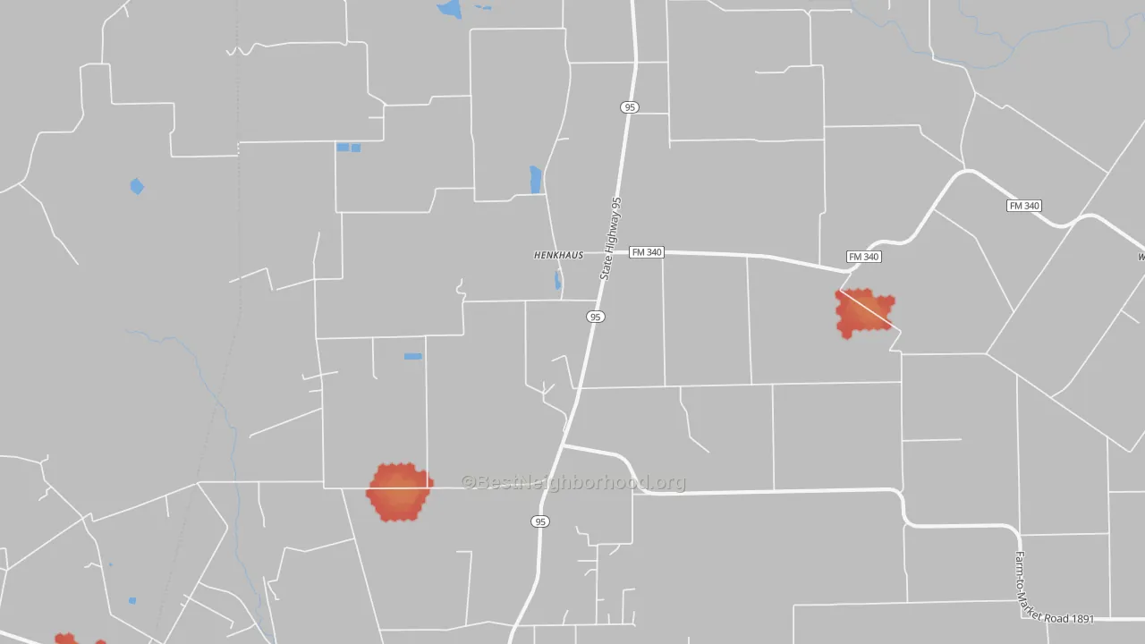 Walk Grade map of Henkhaus, TX, walkable areas in green and car-dependent areas in red