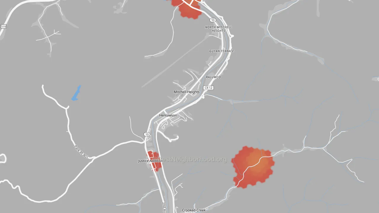 Walk Grade map of Henlawson, WV, walkable areas in green and car-dependent areas in red