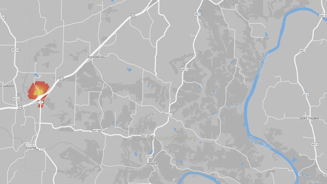 Walk Grade map of Henley, MO, walkable areas in green and car-dependent areas in red