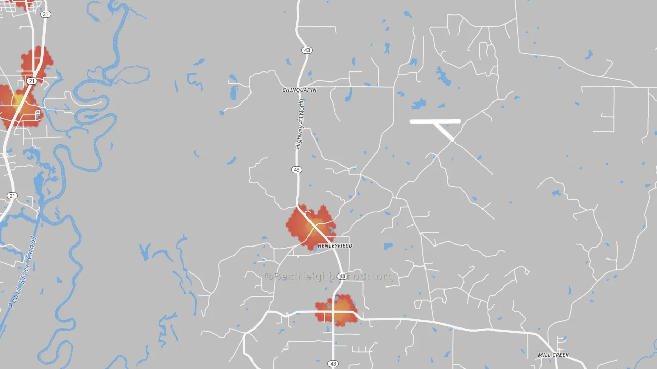 Walk Grade map of Henleyfield, MS, walkable areas in green and car-dependent areas in red