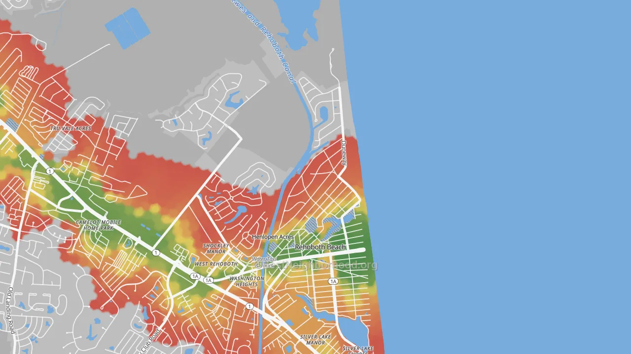 Walk Grade map of Henlopen Acres, DE, walkable areas in green and car-dependent areas in red