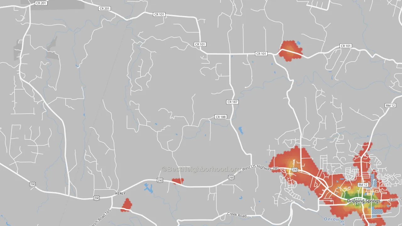 Walk Grade map of Henly, TX, walkable areas in green and car-dependent areas in red