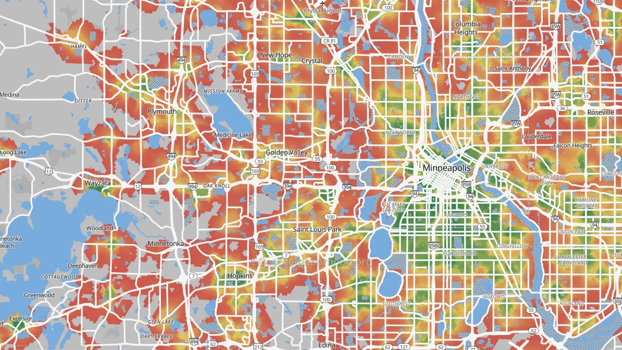 Walk Grade map of Hennepin County, MN, walkable areas in green and car-dependent areas in red