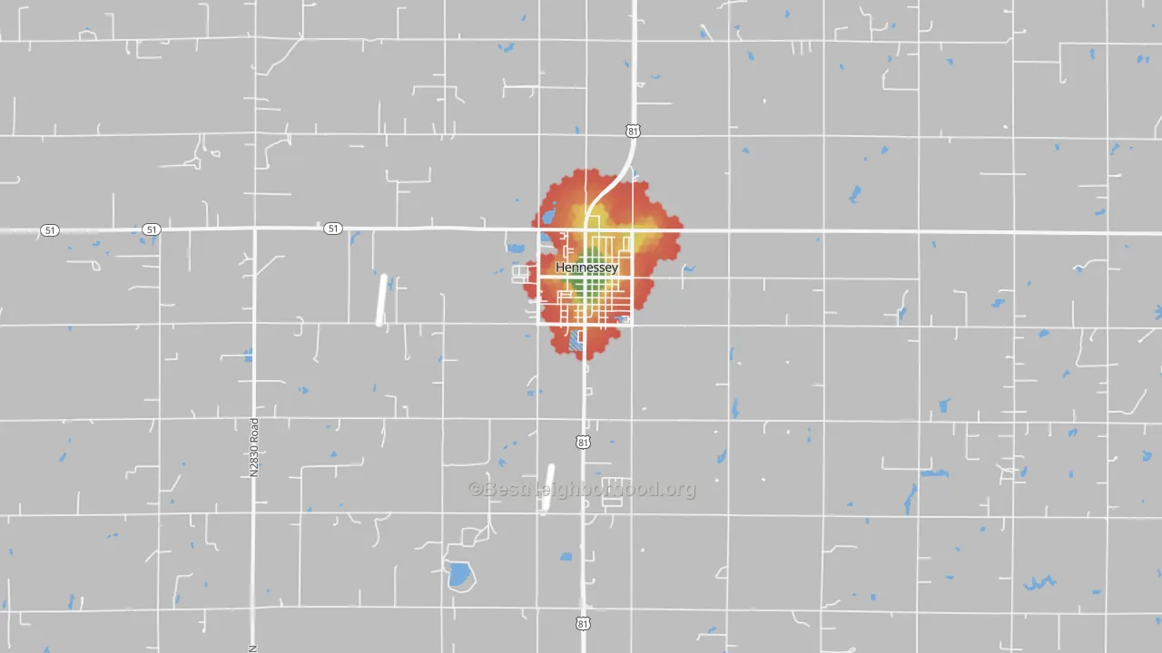 Walk Grade map of Hennessey, OK, walkable areas in green and car-dependent areas in red