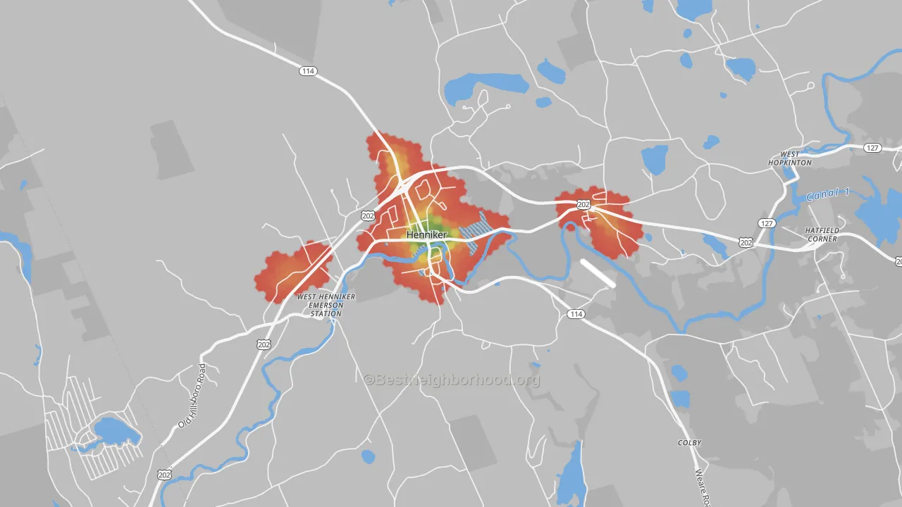 Walk Grade map of Henniker, NH, walkable areas in green and car-dependent areas in red