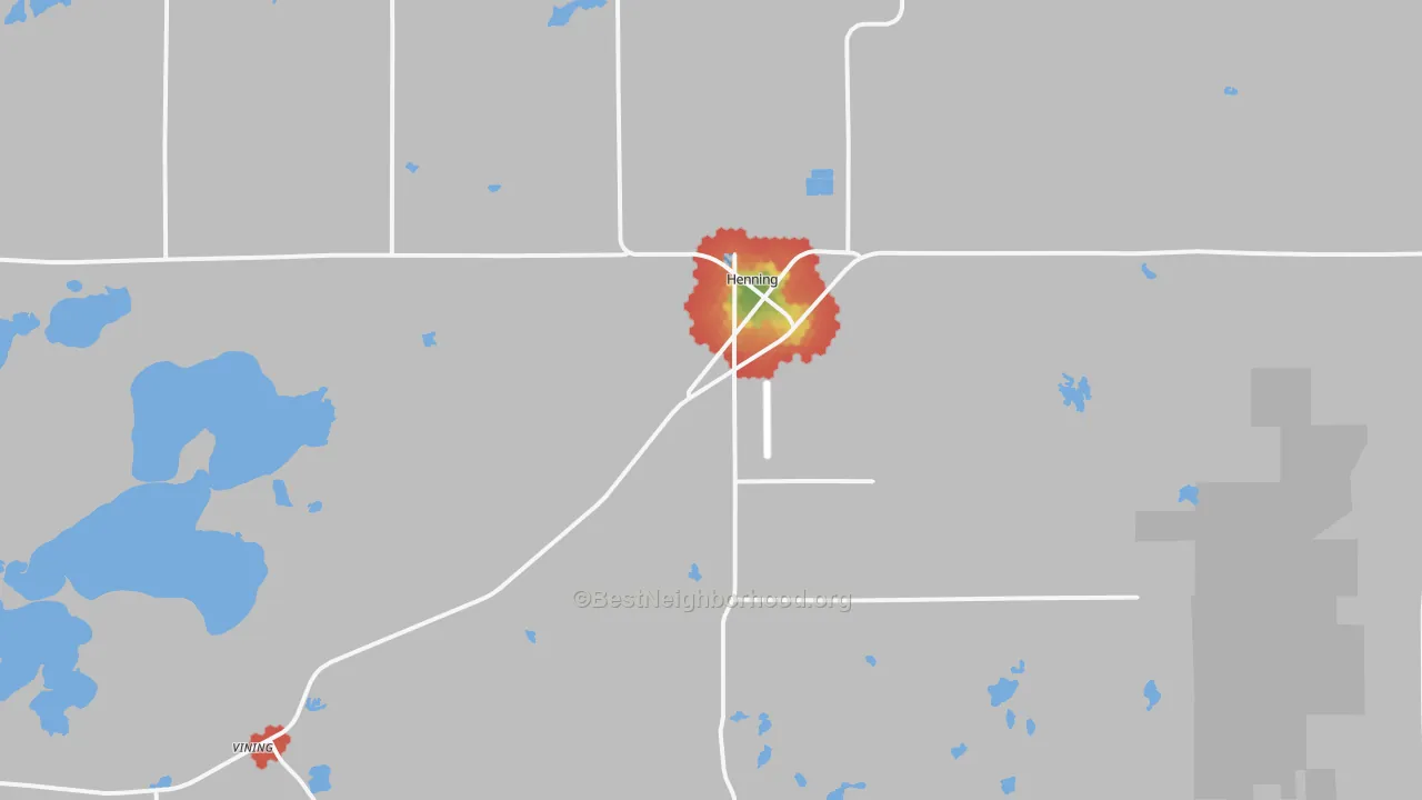 Walk Grade map of Henning, MN, walkable areas in green and car-dependent areas in red