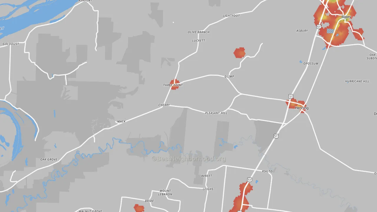 Walk Grade map of Henning, TN, walkable areas in green and car-dependent areas in red