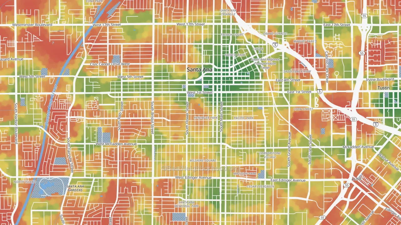 Walk Grade map of Henninger Park, Santa Ana, CA, walkable areas in green and car-dependent areas in red