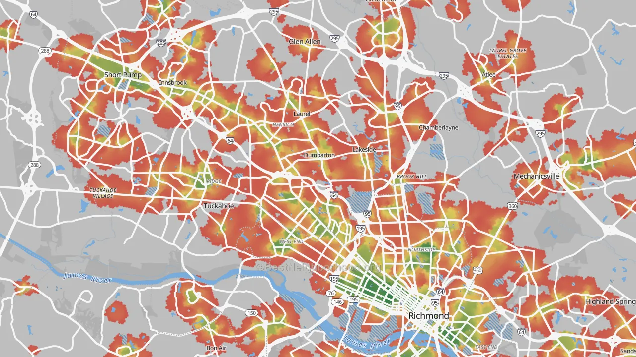 Walk Grade map of Henrico County, VA, walkable areas in green and car-dependent areas in red