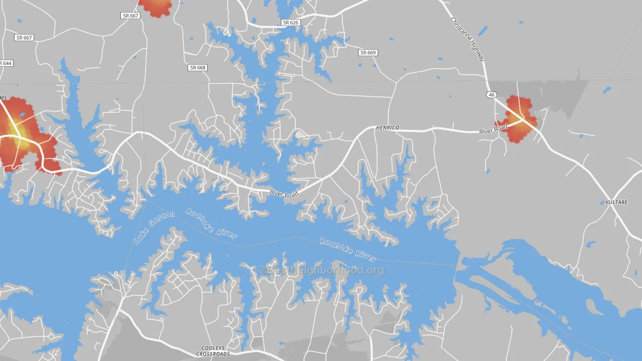 Walk Grade map of Henrico, NC, walkable areas in green and car-dependent areas in red