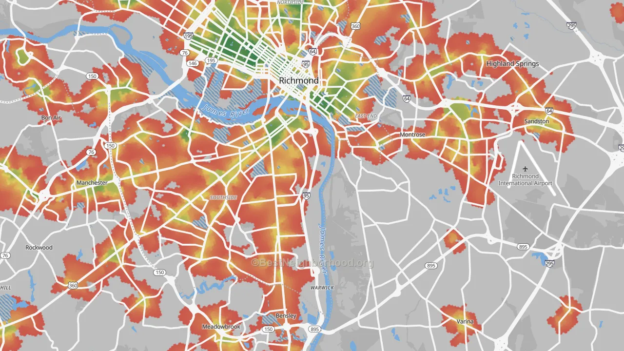 Walk Grade map of Henrico, VA, walkable areas in green and car-dependent areas in red