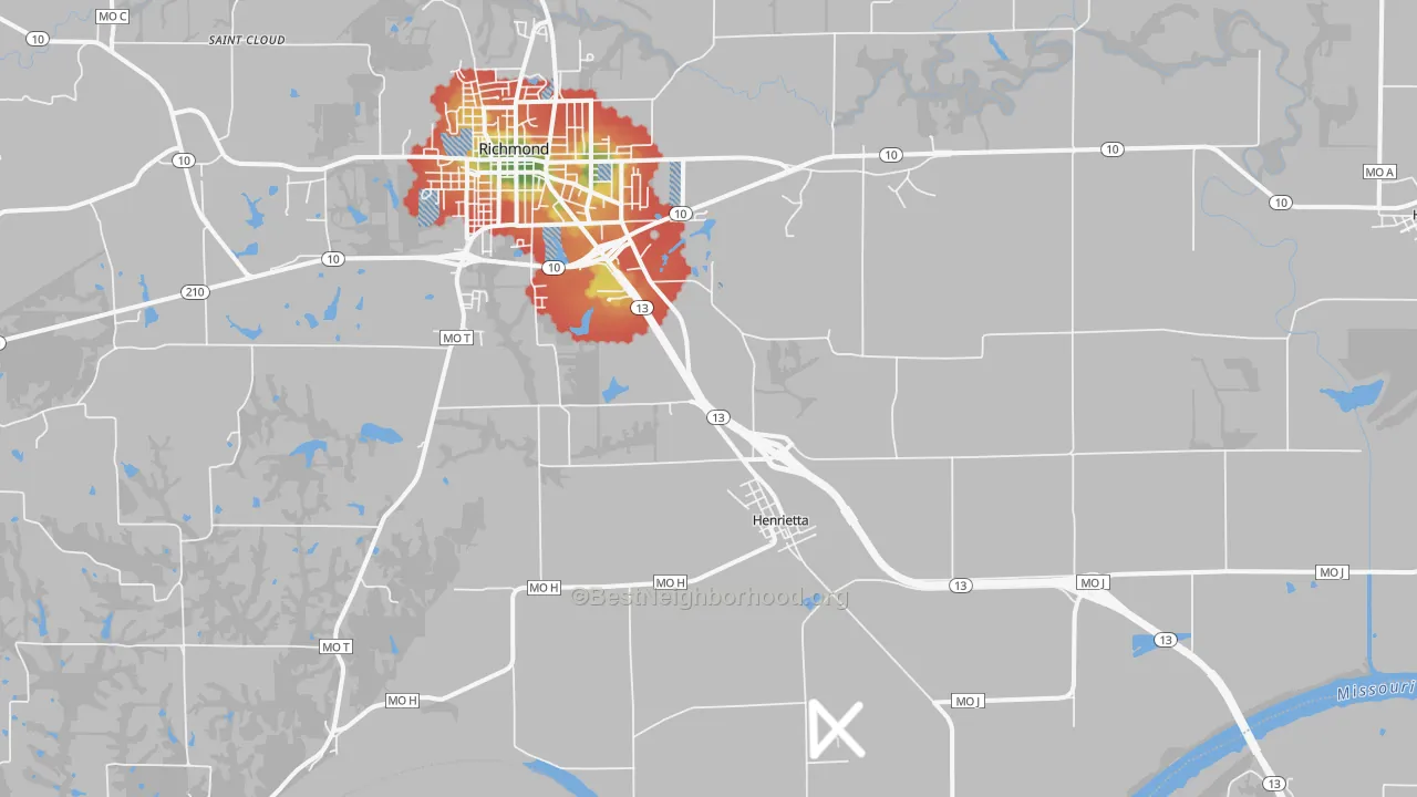 Walk Grade map of Henrietta, MO, walkable areas in green and car-dependent areas in red